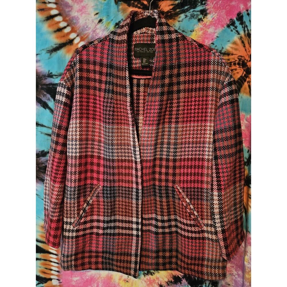 RACHEL ZOE Pink Red Jacket Plaid Print Wool Blend Oversized Coat Size Small Sm